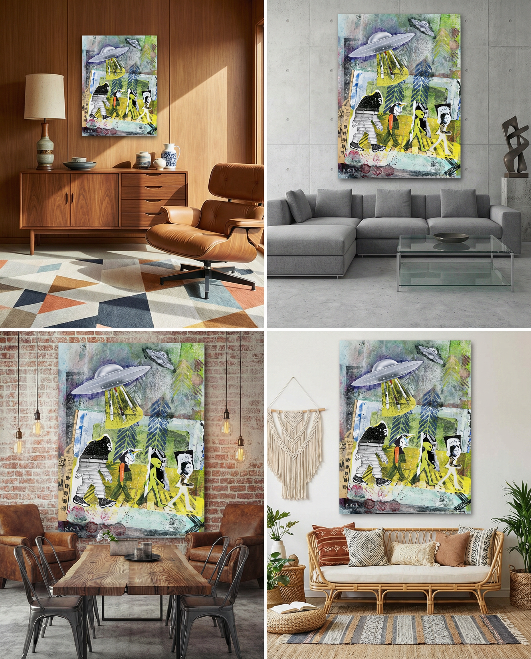 Alien art print. UFO pop art print, bigfoot pop art print.  Bigfoot with unicorn, alien and a UFO abstract mixed media art print by Michel Keck.