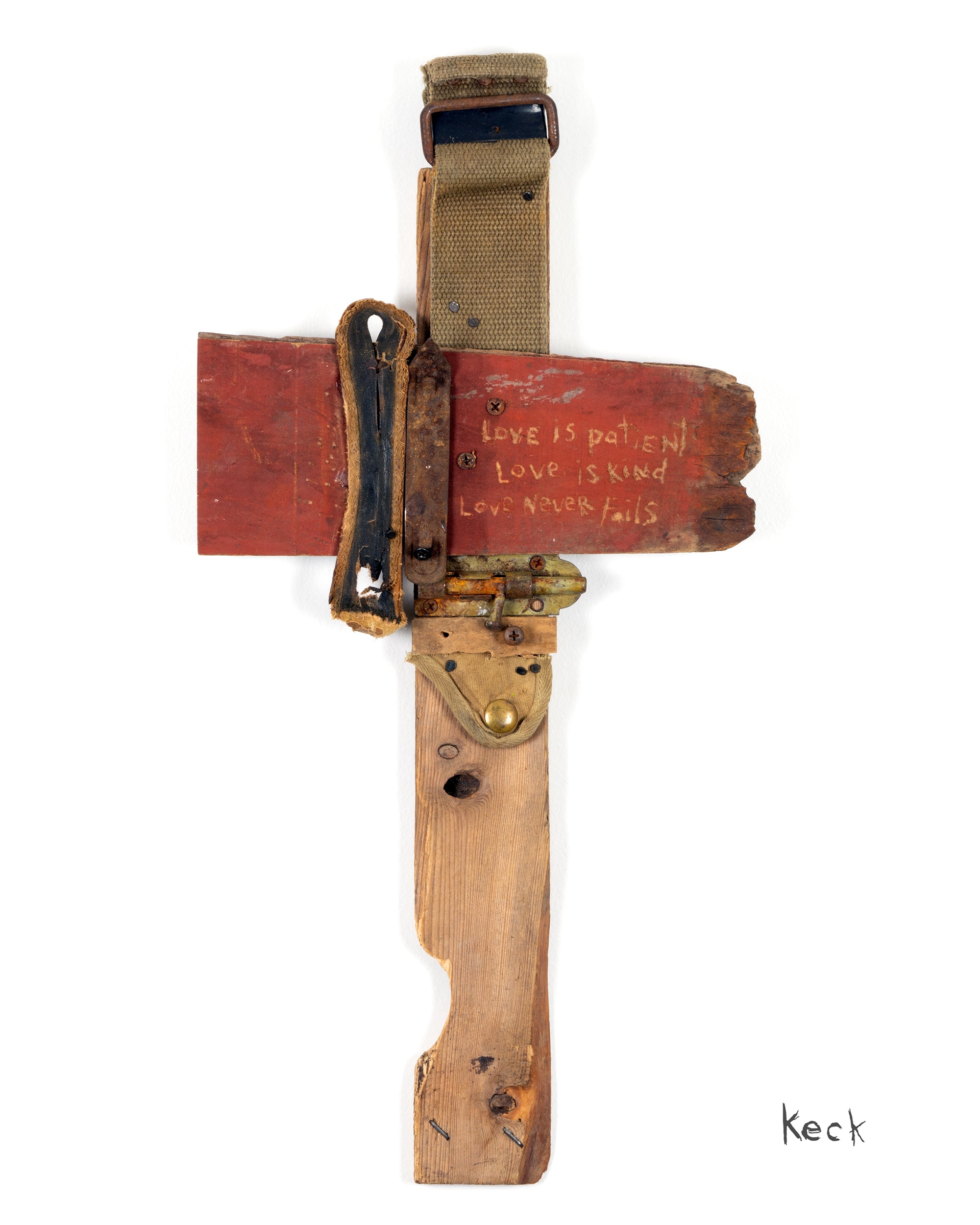 The one of a kind Cross Art Assemblages of artist Michel Keck are created from reclaimed wood, old pieces of rusted metal, old tools and more.  Often Keck will also carve scripture into the old pieces of wood so scripture can adorn these one of a kind found object cross art pieces.