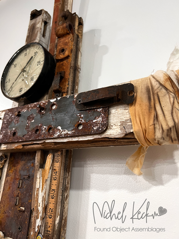 found object assemblage art, rustic cross assemblage