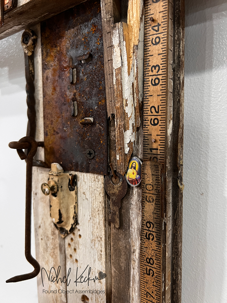 recycled assemblage art cross , found object cross and crucifix art