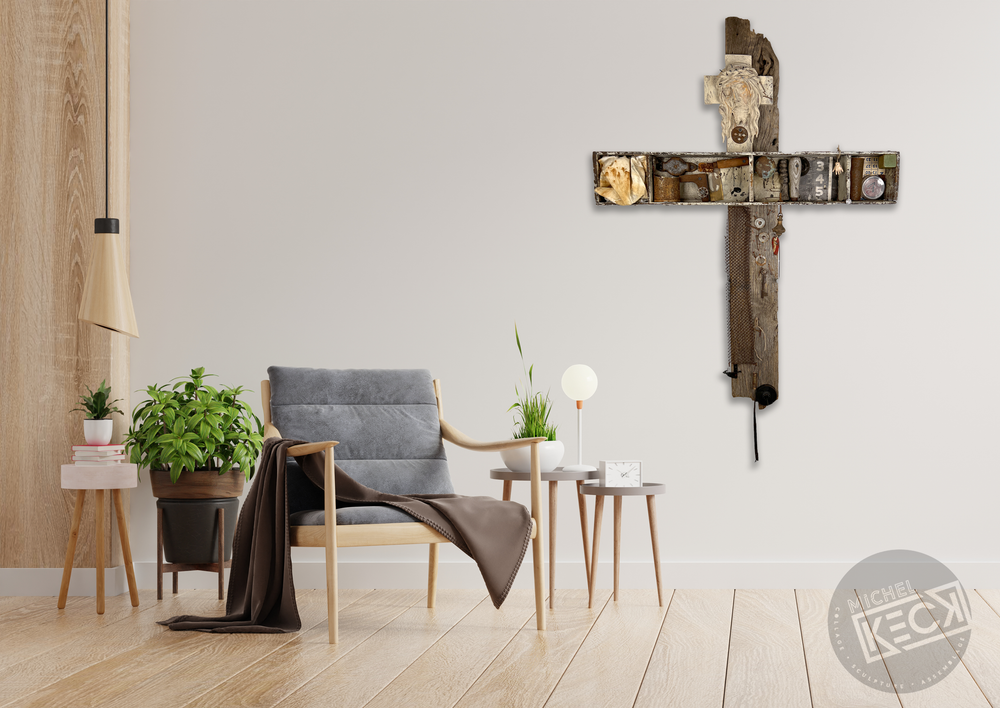 #022210<br> Found Object Cross Art Assemblage