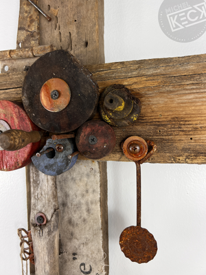 #042202<br> Found Object Cross Art Assemblage