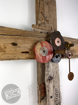 #042202<br> Found Object Cross Art Assemblage