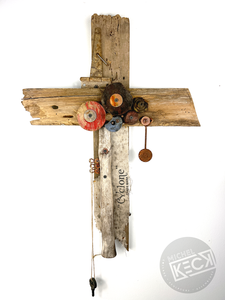 #042202<br> Found Object Cross Art Assemblage