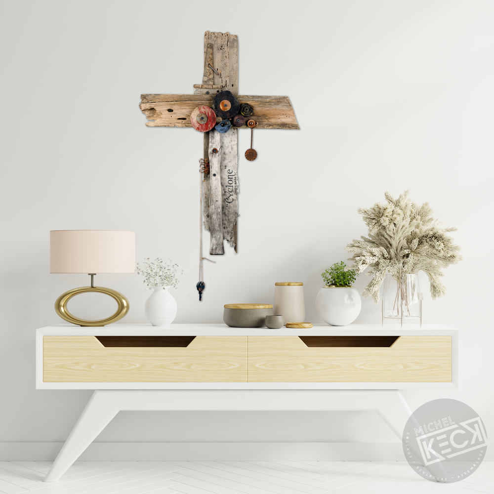 #042202<br> Found Object Cross Art Assemblage