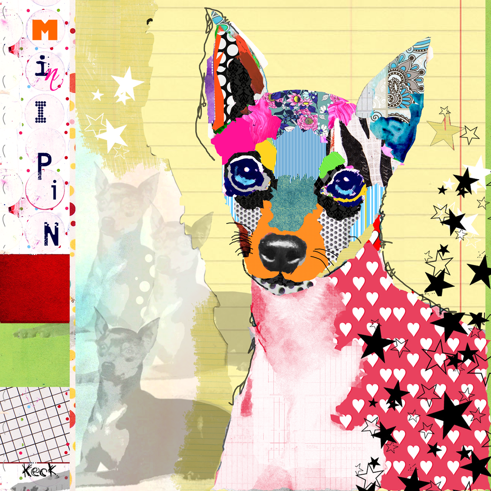 Miniature Pinscher Dog Art: Mini Pin canvas art prints. Colorful miniature pinscher dog art collage work by Michel Keck.  Where to buy art of miniature pinscher dogs