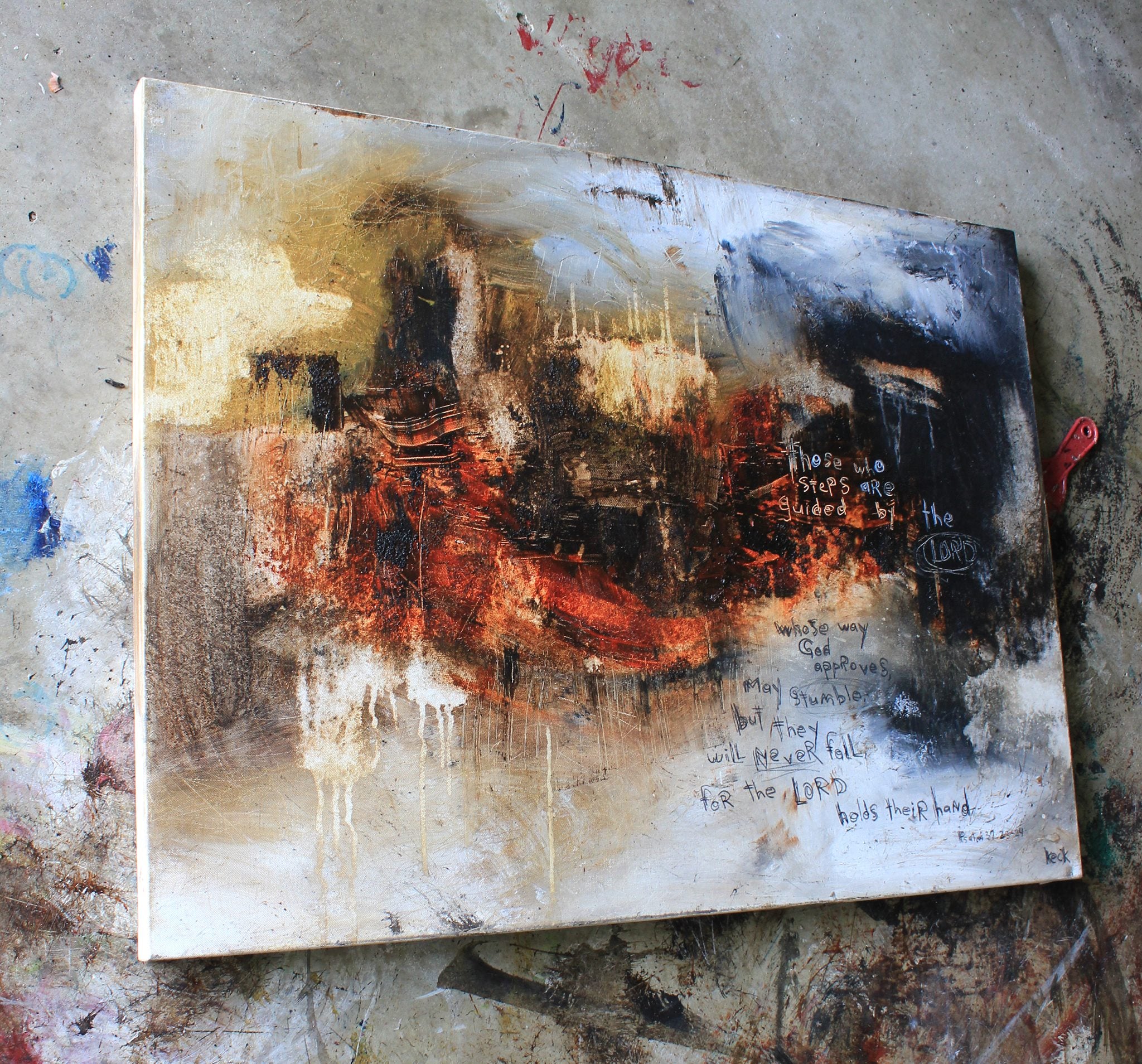 Original scripture abstract painting.  Michel Keck bible verse scripture paintings on canvas