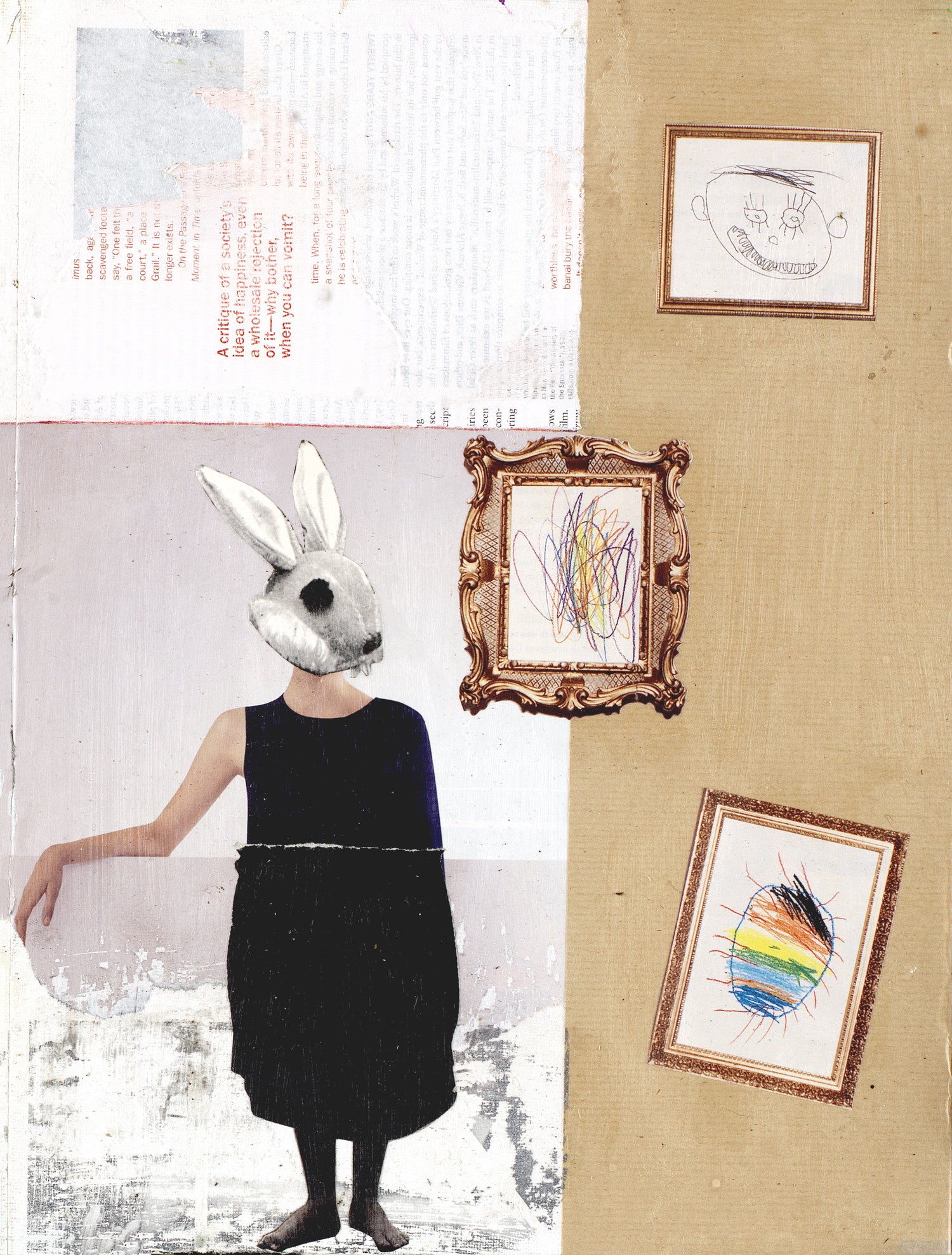 A mixed media art print featuring a person with a rabbit mask, various frames, and abstract elements on a beige background.