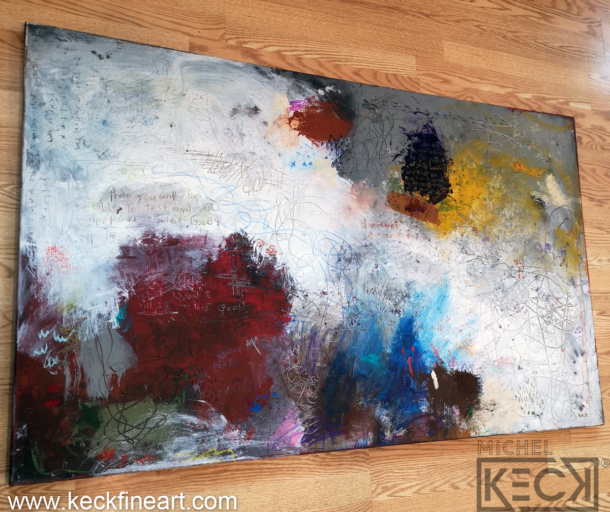 Modern abstract art with embedded scripture made popular by Michel Keck