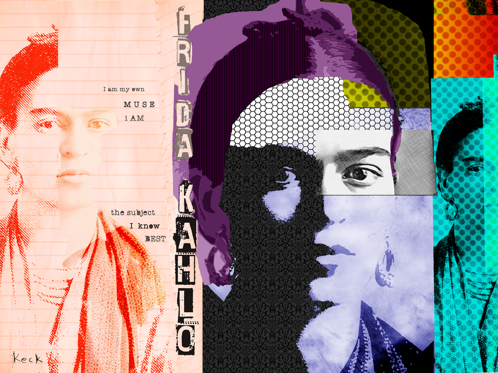 Frida Kahlo Canvas Art Prints.  Portrait art of Frida Kahlo pop art modern collage style by Michel Keck.  Frida Kahlo collage pop art portrait. Abstract Frida Kahlo art prints of michel keck