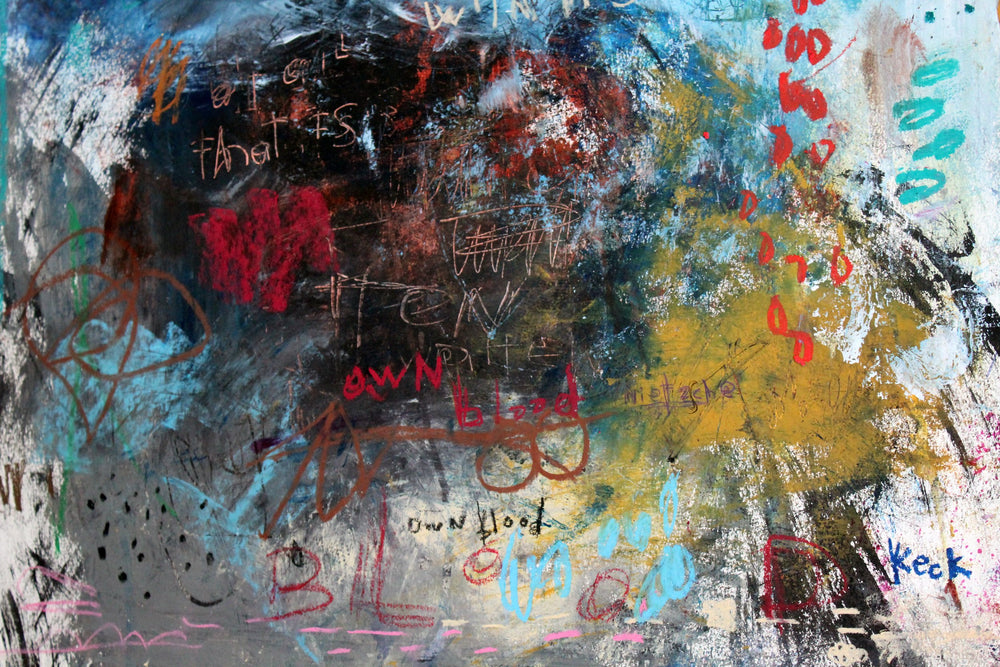 Large contemporary abstract paintings with Nietzsche quote of all that is written I love only what man has written with his own blood