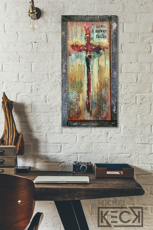 #602088 I Corinthians 13:8 <br> Love Never Fails Cross <br> Wood Art Print