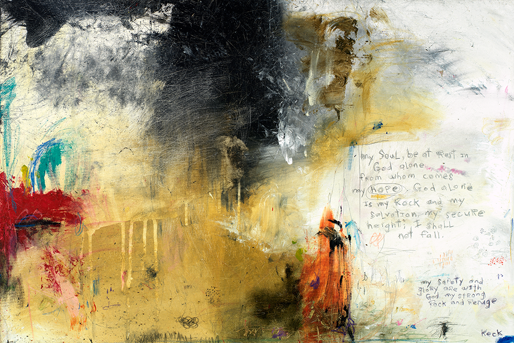 My sole be at rest in God alone scripture art print on canvas by Michel Keck.  Beautiful, colorful abstract art paintings with embedded scripture. 