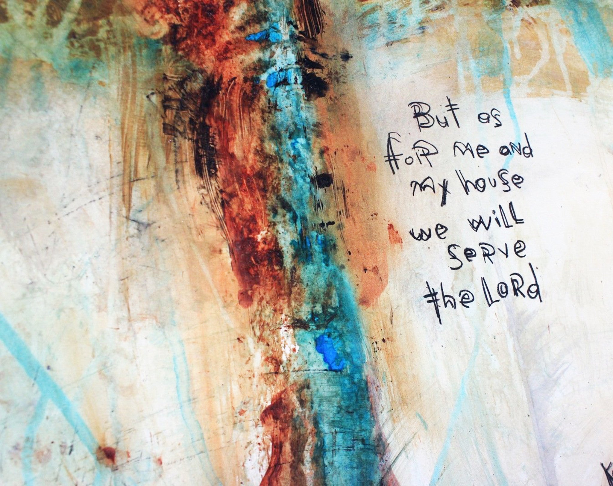 Abstract Art Print of Keck organic abstract cross with scripture But For Me and My House We Will Serve The Lord.
