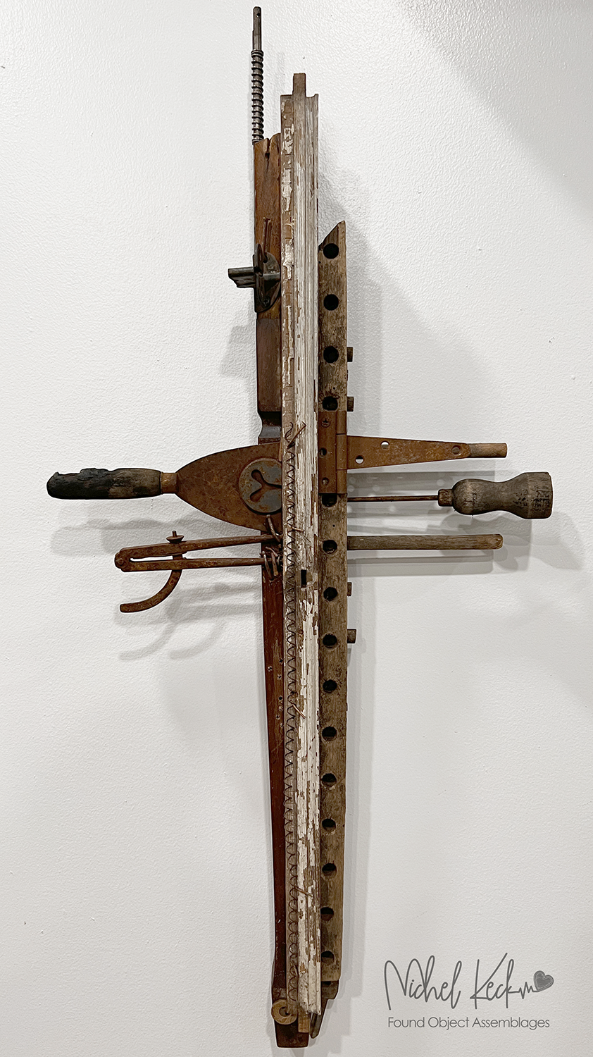 Beautiful, rustic, one of a kind cross art assemblages made out of reclaimed wood and metal, used tools.  CROSS ART ASSEMBLAGES. 