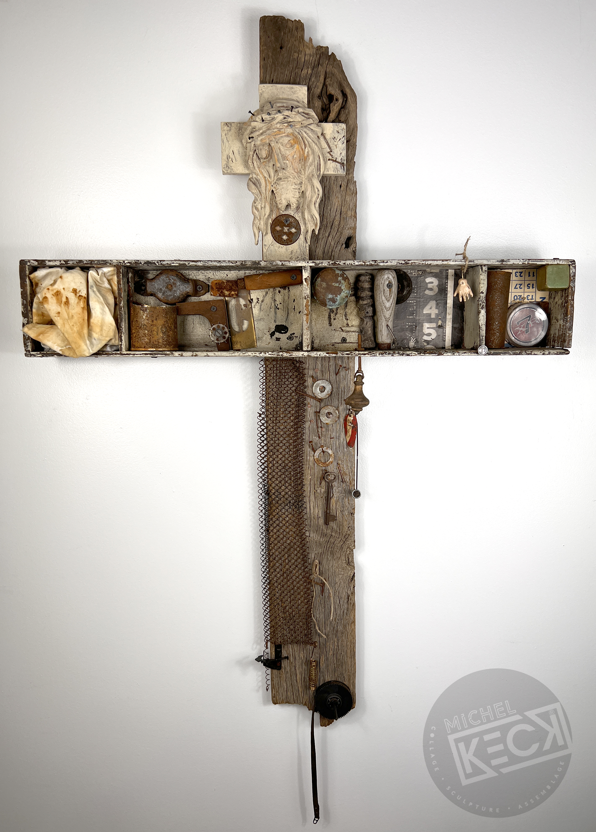 Found Object Cross Art Assemblages. Mixed Media Assemblages.   Crosses made out of junk, reclaimed wood and found objects. Found Object Art Gallery | Cross Art Found Object Assemblages by Michel Keck.