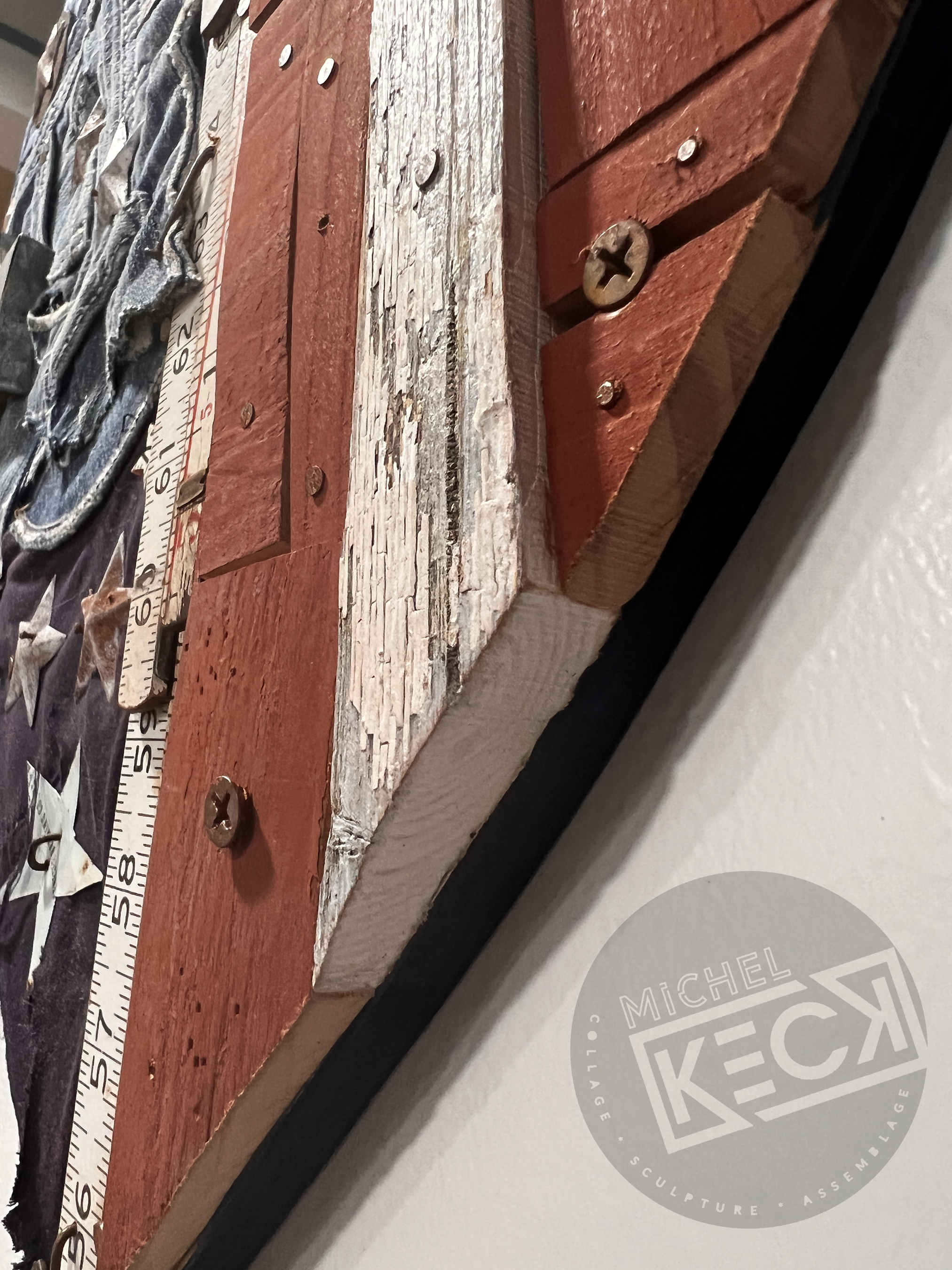 Michel Keck HEART ART. heart art assemblages made from found objects. Found Object American Flag HEARTS. Red White Blue Old Glory Wall Sculptures by Michel Keck