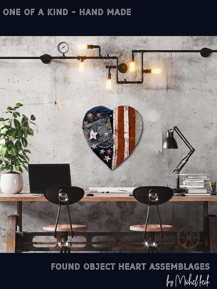 Found Object Art  <br>American Flag Heart Assemblage