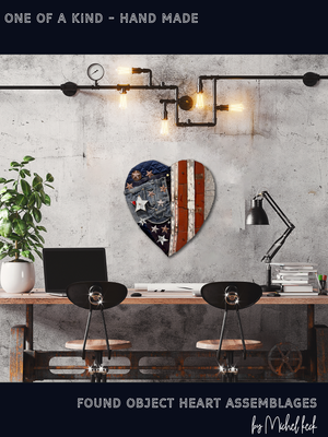 Found Object Art  <br>American Flag Heart Assemblage