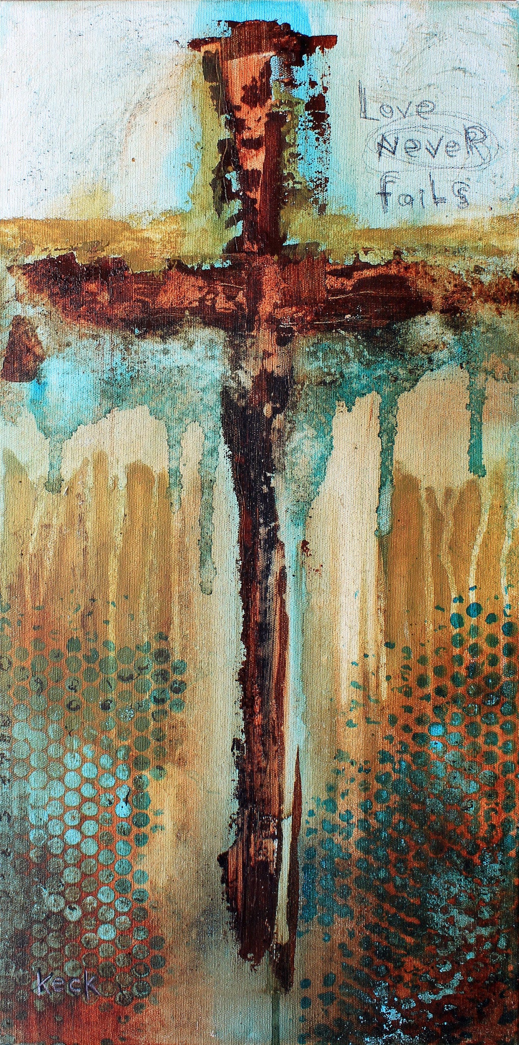 love never fails - cross art print. Abstract cross art canvas print with LOVE NEVER FAILS.