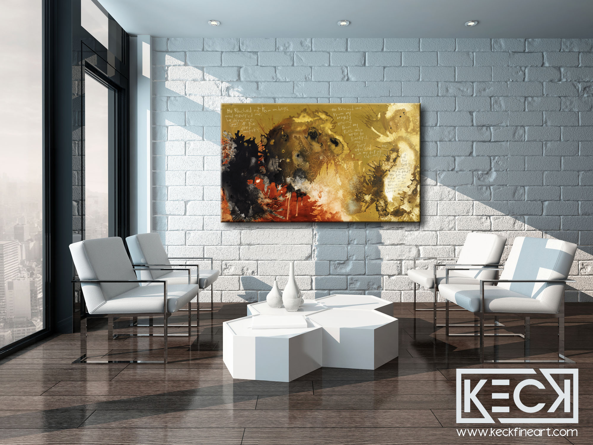 Bold and expressive abstract art paintings and prints with scripture and bible verse scrawled into the artworks.