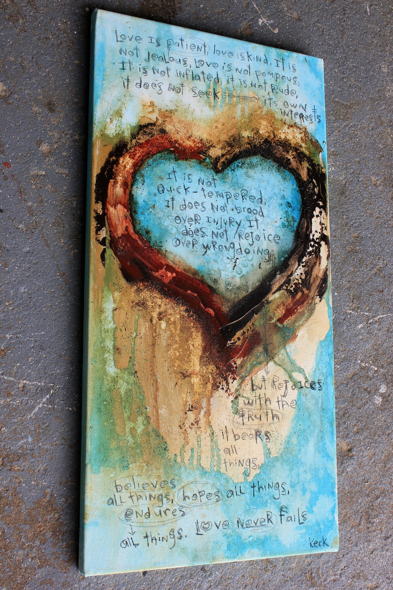 Michel Keck abstract heart paintings. Raw, earthy, moody heart paintings in abstract with scripture. Corinthians 13 Heart art paintings.