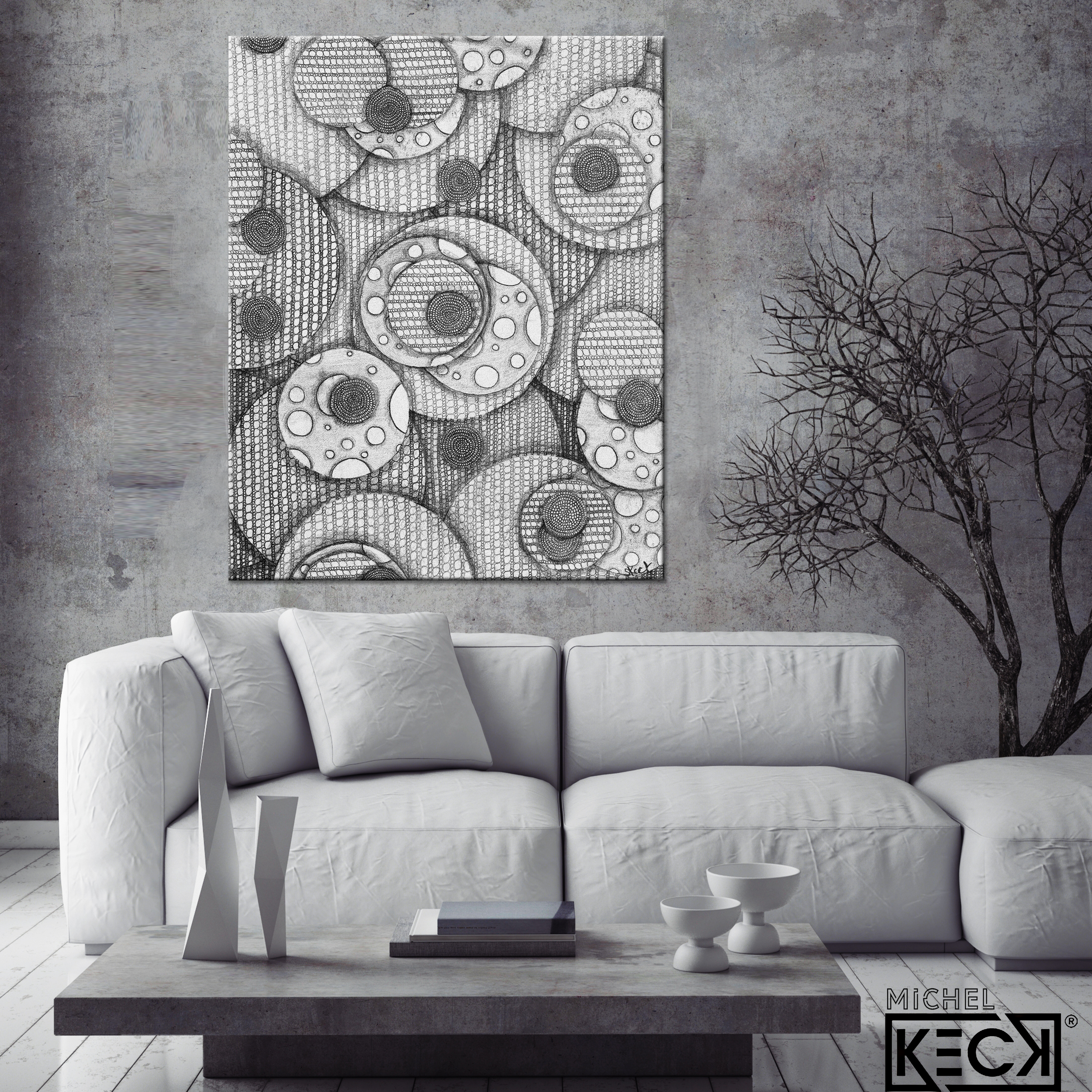 Black & White Art<br>Abstract Canvas Print<br>of Circle Drawing #21