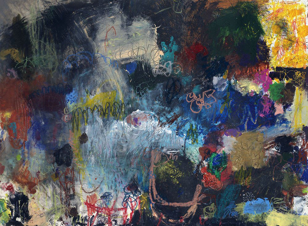 A gallery-wrapped canvas featuring an abstract painting with a vibrant mix of dark but colorful brush strokes.