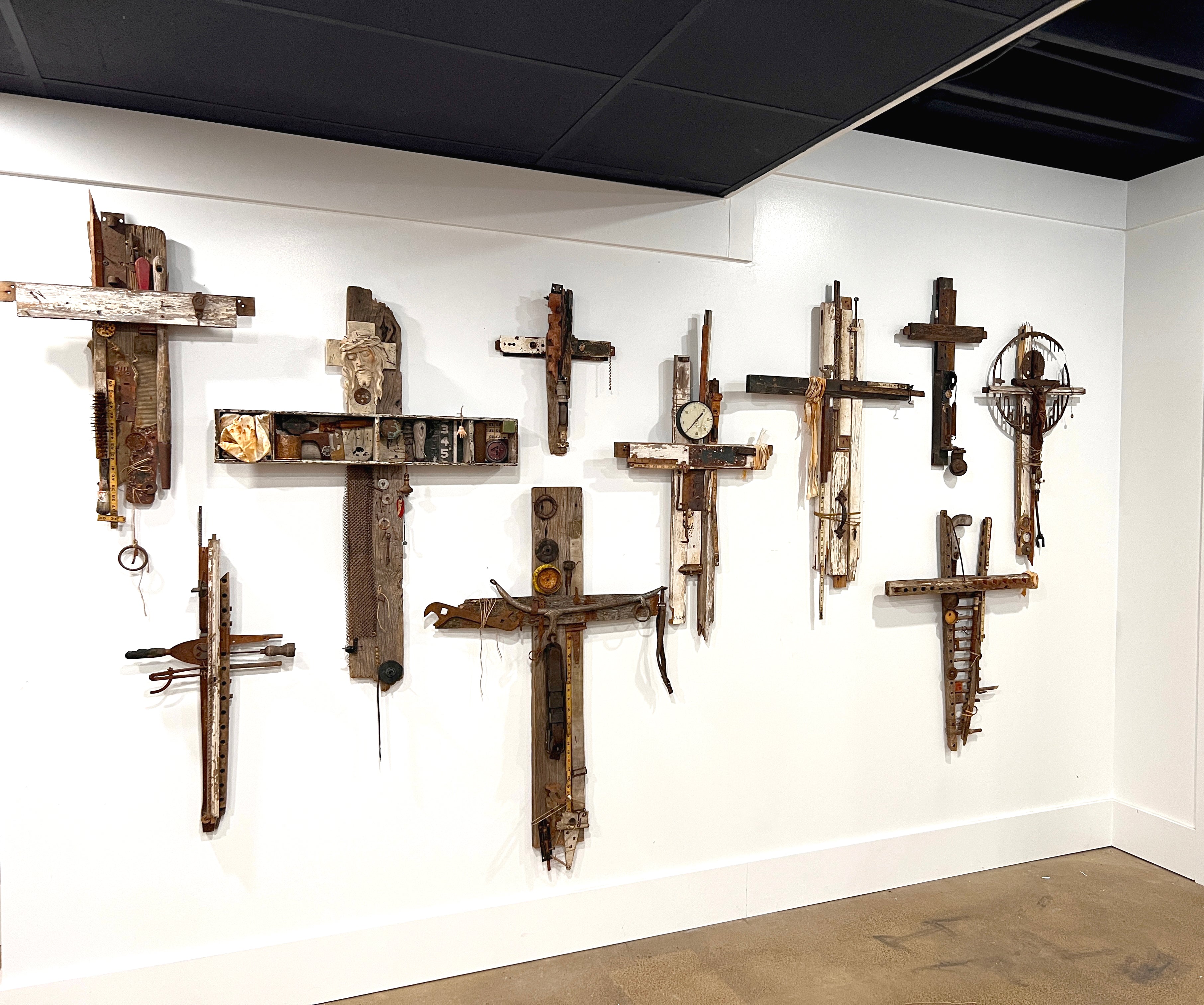 Mixed Media Cross Art Assemblages by Michel Keck. Found Object Art Gallery. Wheatfield, Indiana.  art gallery full of found object art wall sculputres.  found object art crosses, found object hearts, found object peace signs and more