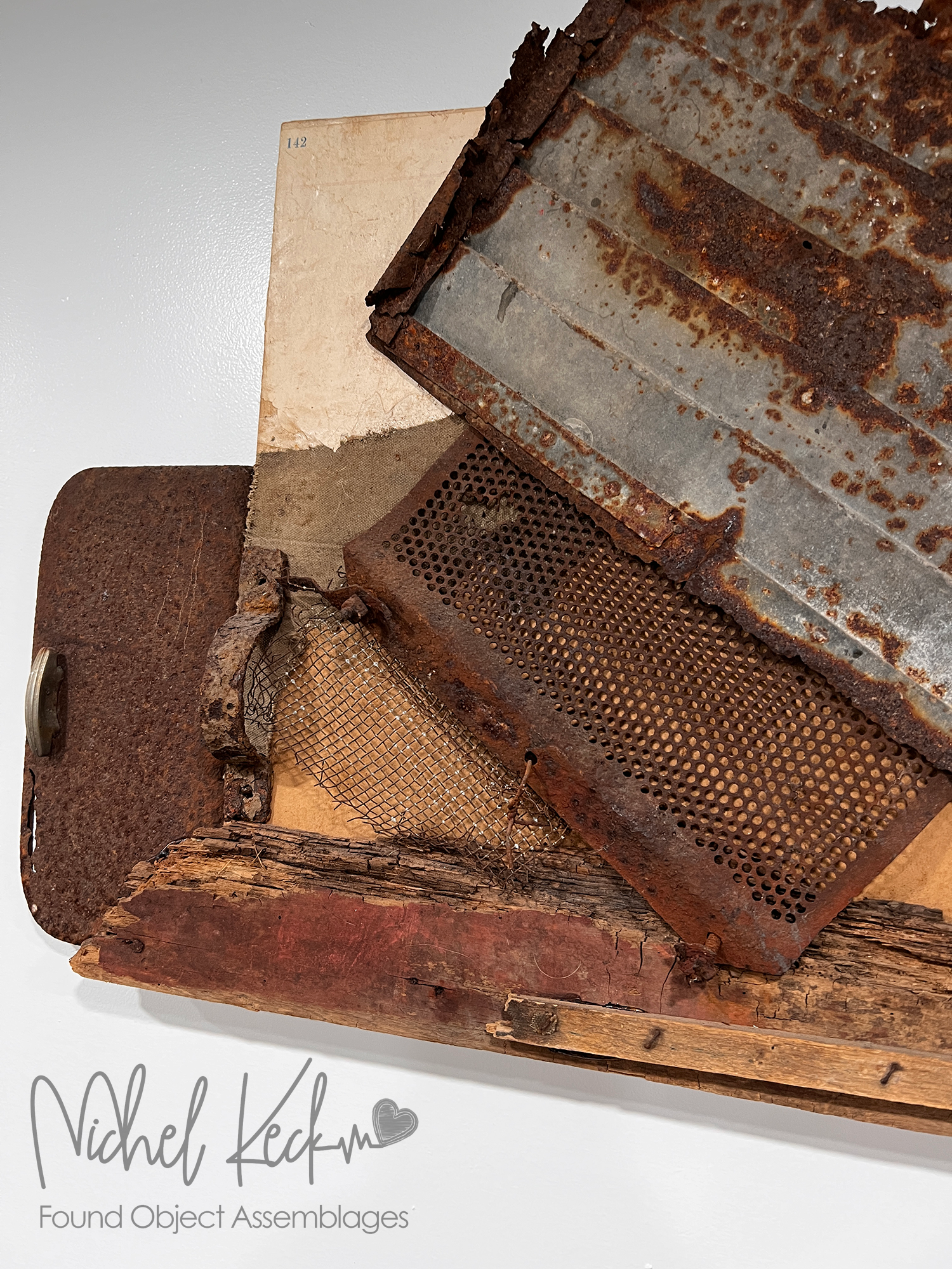 Original, one of a kind found object wall art assemblage made from old metal, reclaimed wood, old fabrics and more by Michel Keck. 
