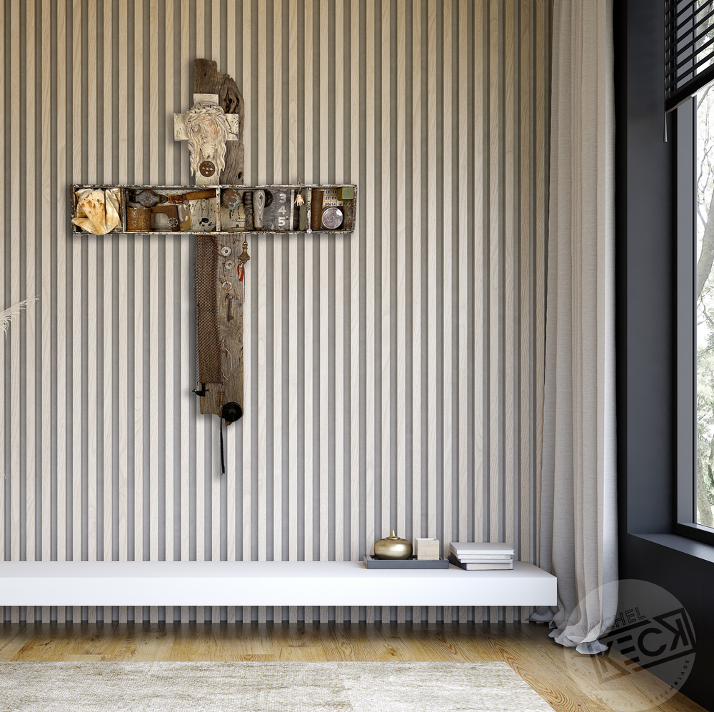 #022210<br> Found Object Cross Art Assemblage