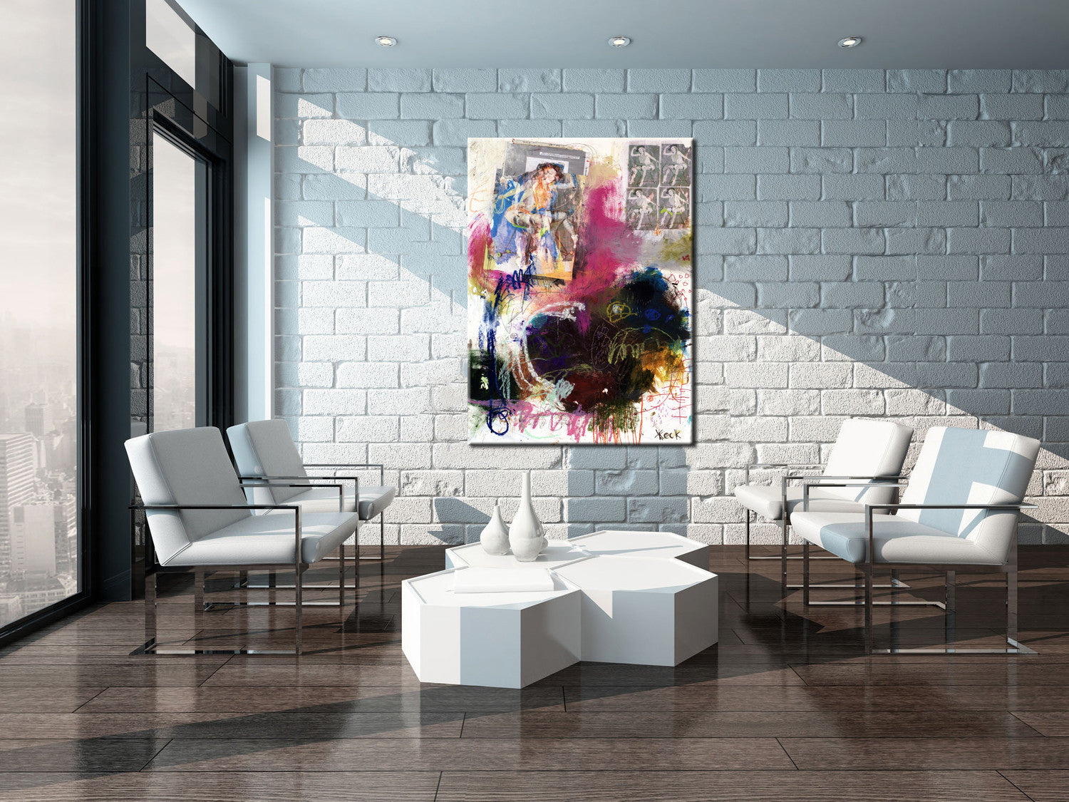 Oversized mixed media art prints on canvas for upscale interiors